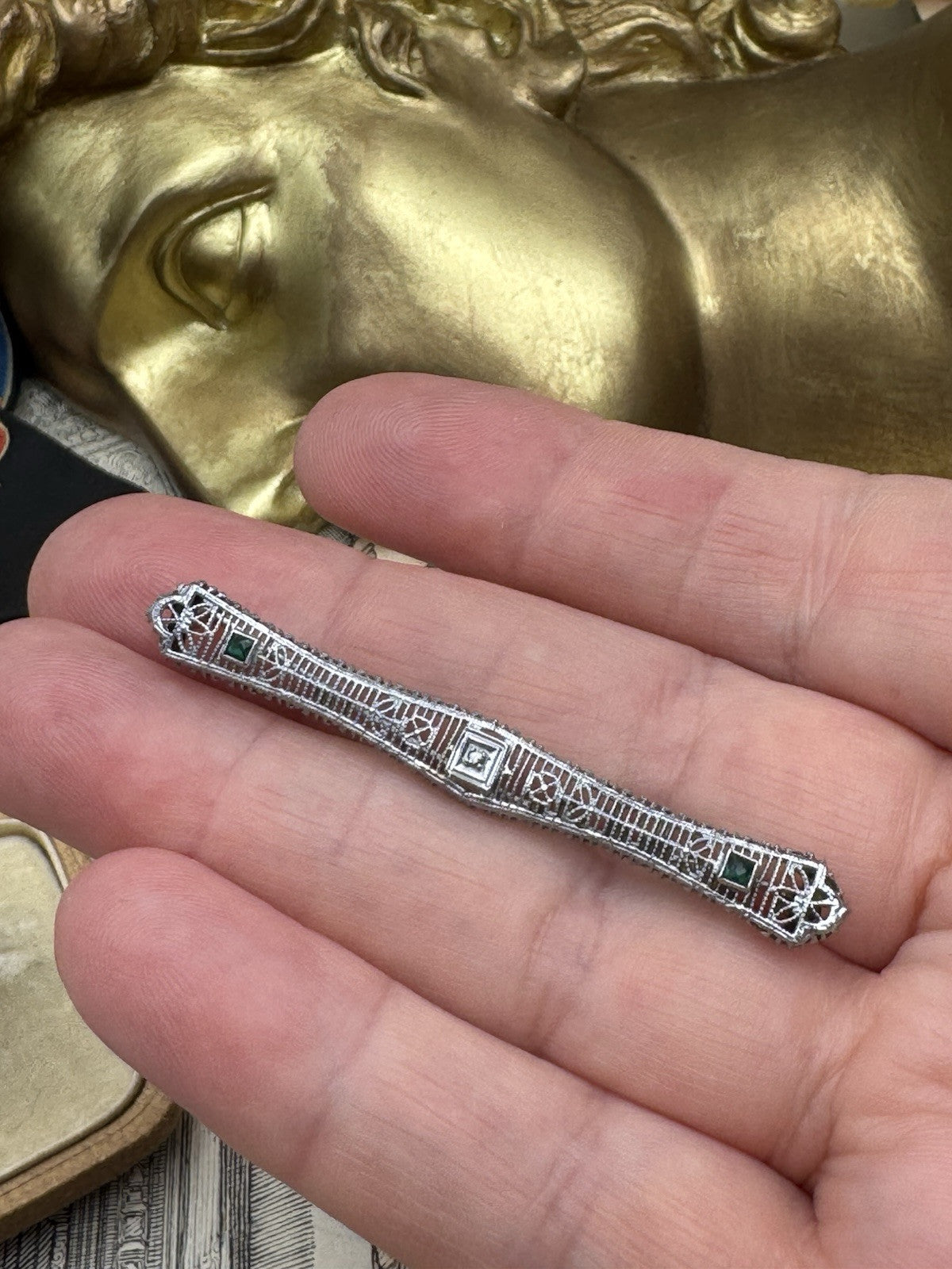 Antique 10k Gold Brooch Hallmarked Art Deco Filigree Diamond & Emerald