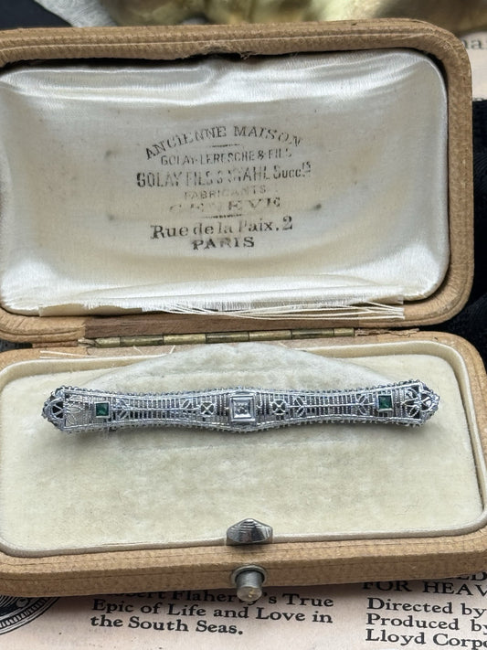 Antique 10k Gold Brooch Hallmarked Art Deco Filigree Diamond & Emerald