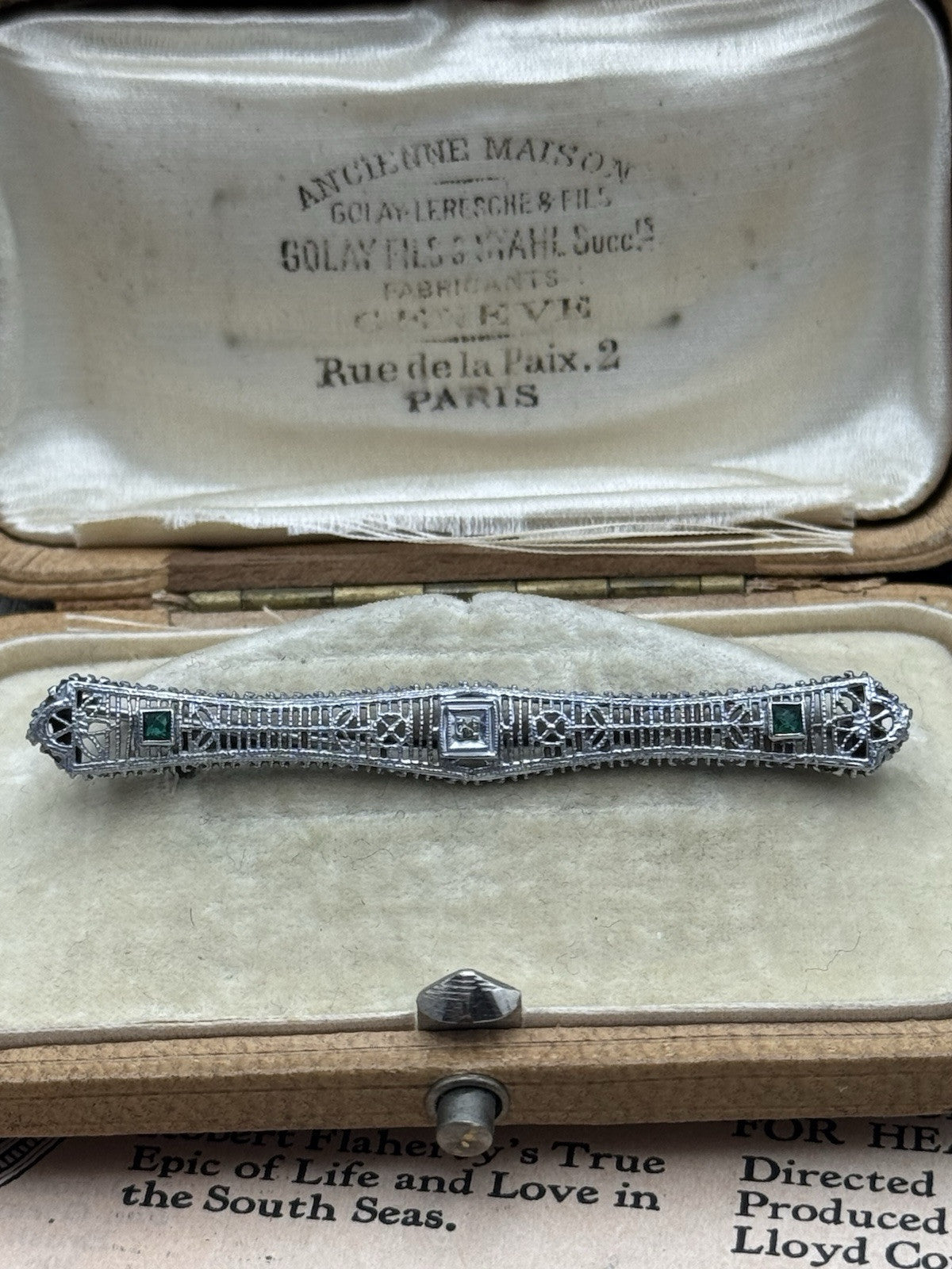 Antique 10k Gold Brooch Hallmarked Art Deco Filigree Diamond & Emerald