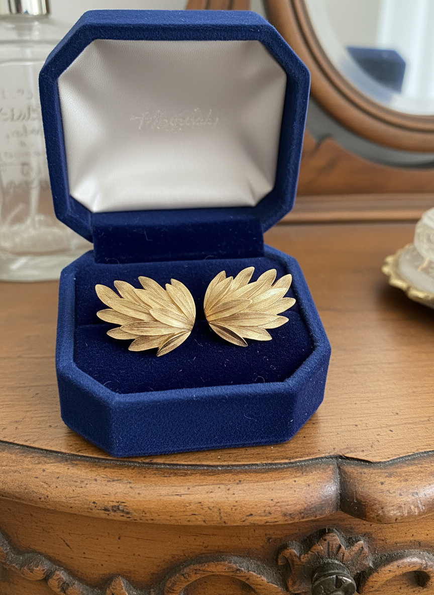 Vintage Earrings Crown Trifari Goldtone LEAF DESIGN SIGNED