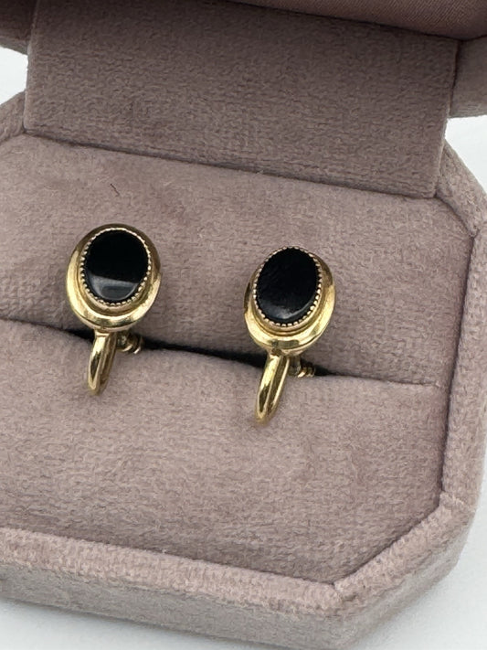 VINTAGE Black Stone 12k Gold Filled Screw Back Earrings ESTATE FIND