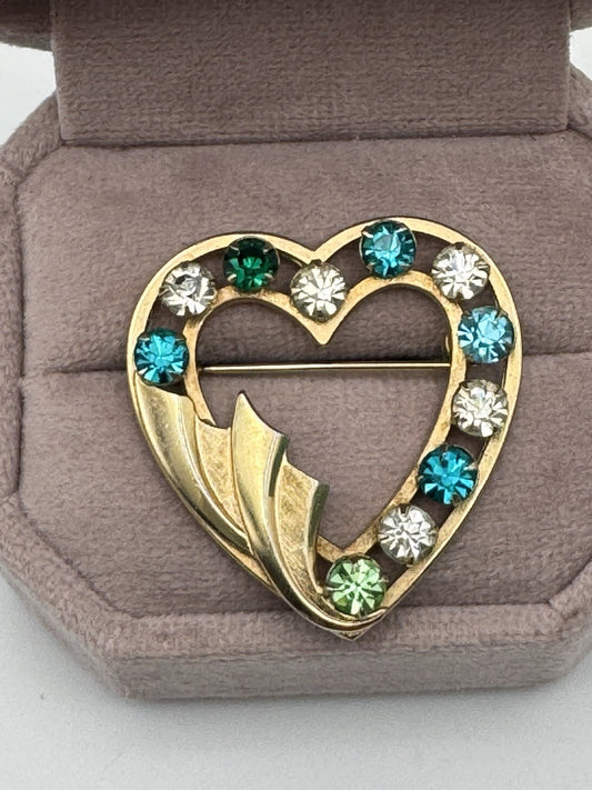 Vintage CATAMORE 12k Gold Filled & Colorful Rhinestone Heart Pin Brooch