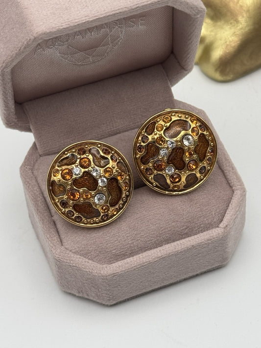 Vintage 80s Clip-on Earrings Goldtone Rhinestone Enamel Disc Design