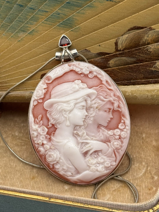 Vintage Large Resin CAMEO 3” Set In Sterling On Sterling Chain 18” ESTATE FIND