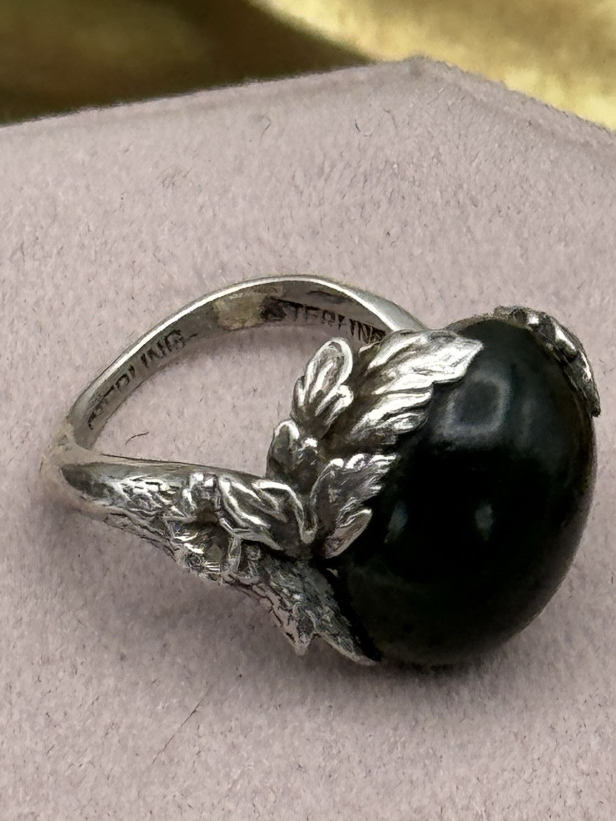 Vintage STERLING JADE RING Artisan Made Nature Inspired 5.5 ESTATE FIND