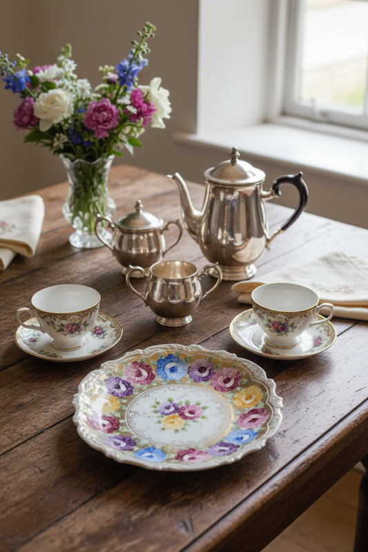Large Vintage Floral Gold Porcelain Platter Ca. 12.25”d ESTATE FIND