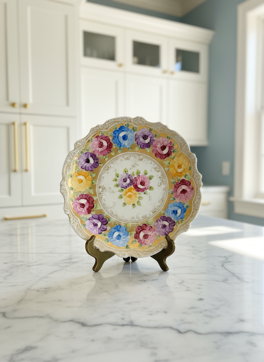 Large Vintage Floral Gold Porcelain Platter Ca. 12.25”d ESTATE FIND