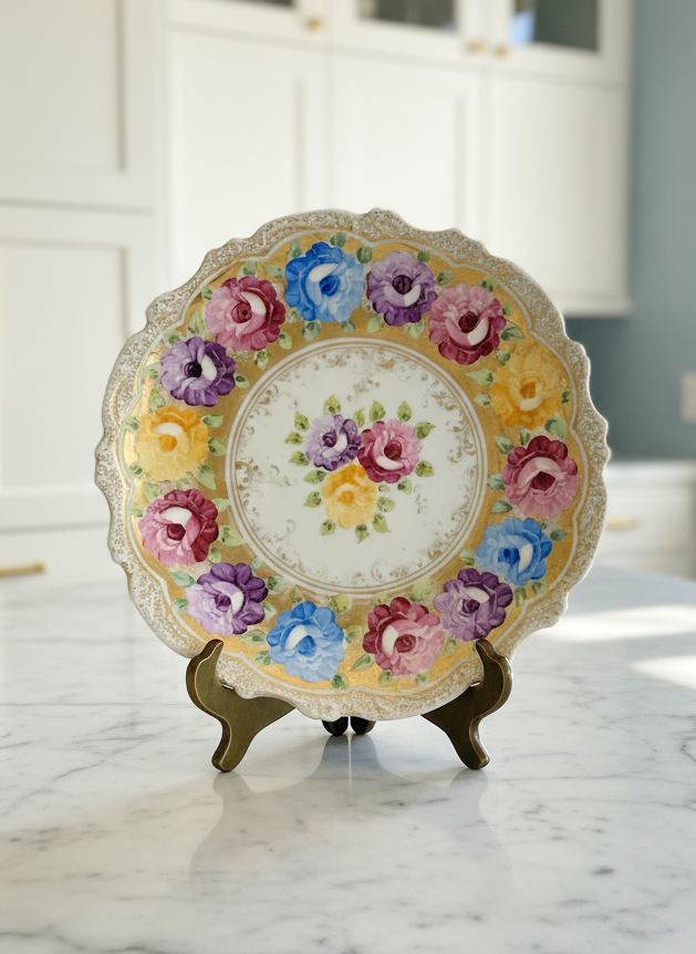 Large Vintage Floral Gold Porcelain Platter Ca. 12.25”d ESTATE FIND