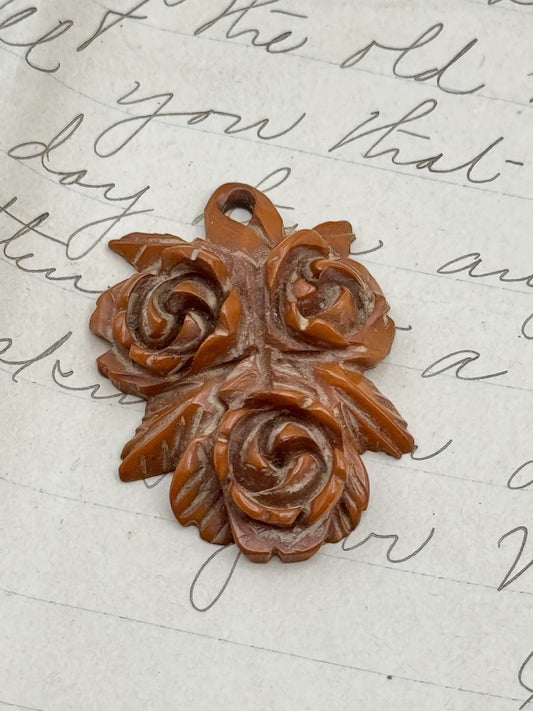 Vintage Carved Bakelite Rose Pendant Nut Brown Color ESTATE FIND