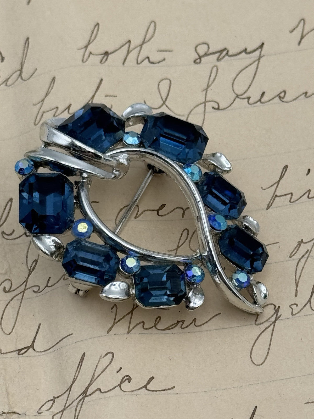 Vintage Blue Rhinestone Brooch Signed LISNER Silvertone ESTATE FIND