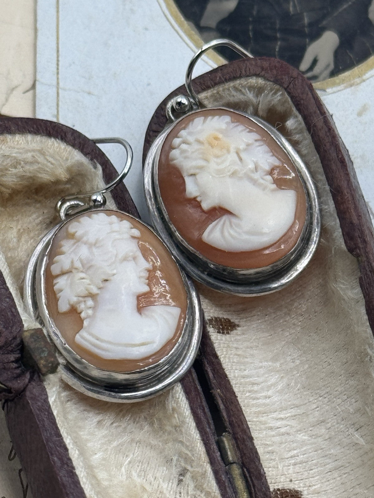 Vintage STERLING Bacchus Carved Cameo Earrings Replaced Hooks Silver Tone