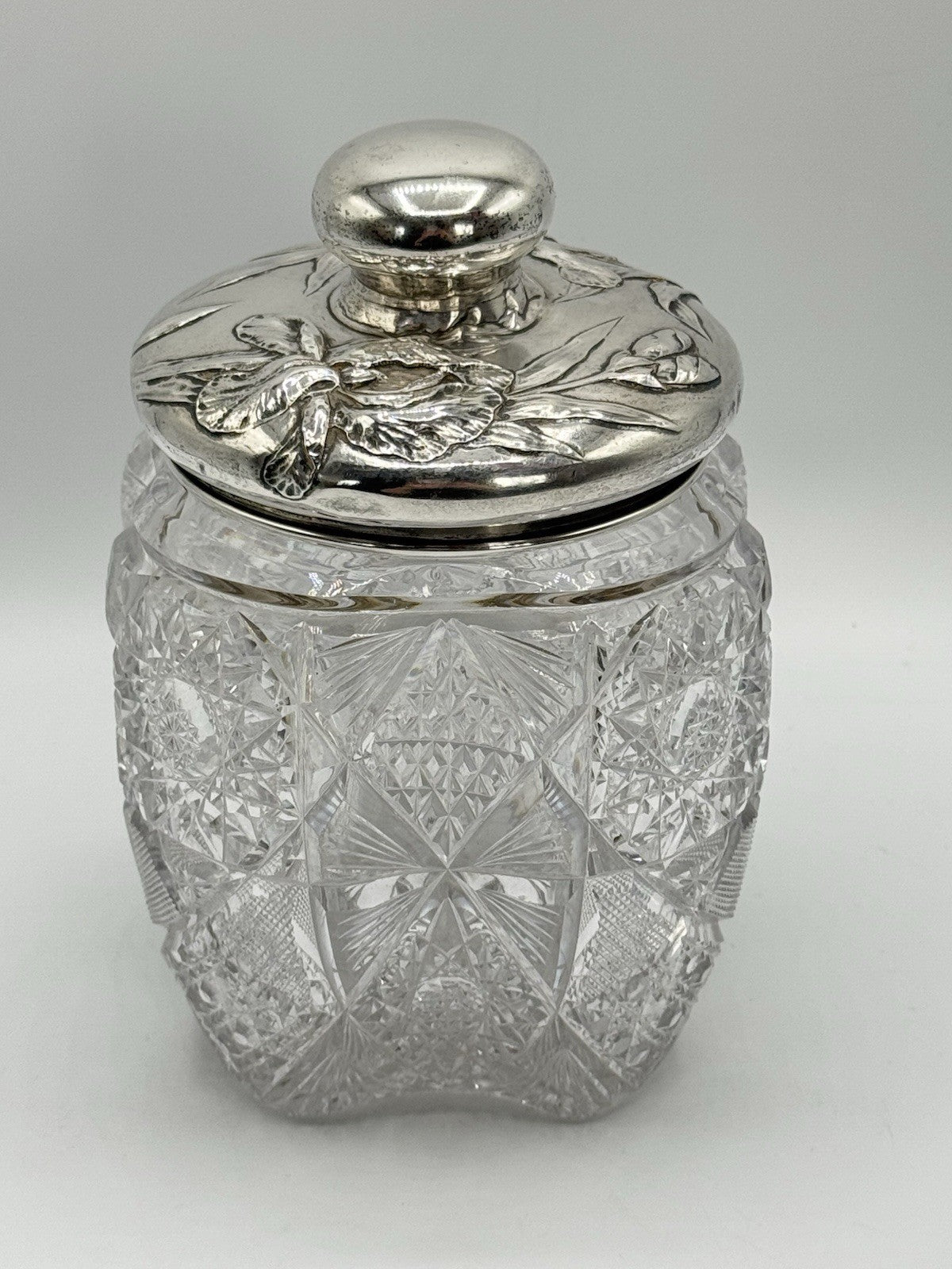 Antique AMERICAN BRILLIANT Sterling Lidded Biscuit Barrel Circa 7.5”h