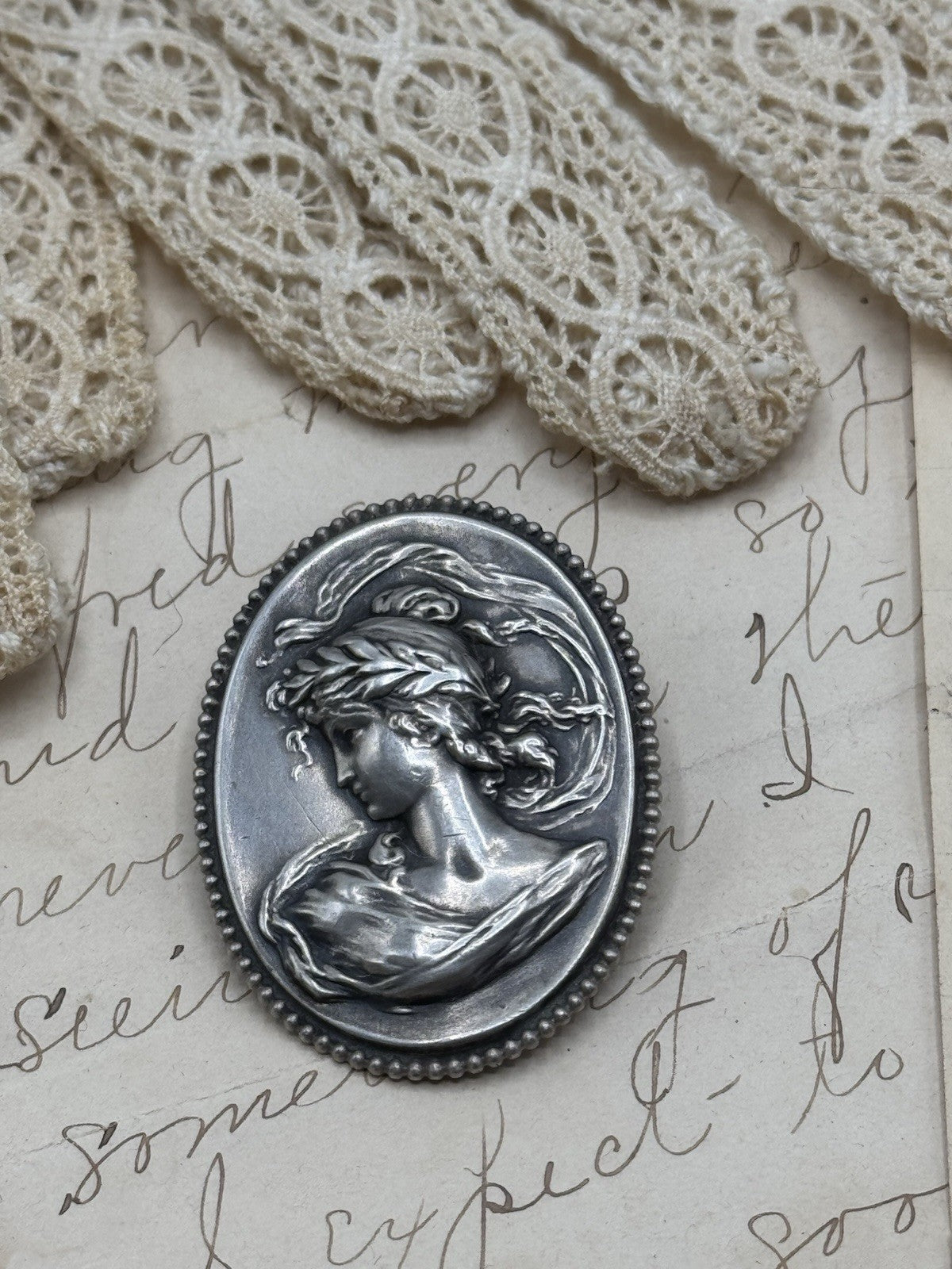 Antique Victorian Silver Cameo Brooch Acid Tested ESTATE FIND No Hallmarks