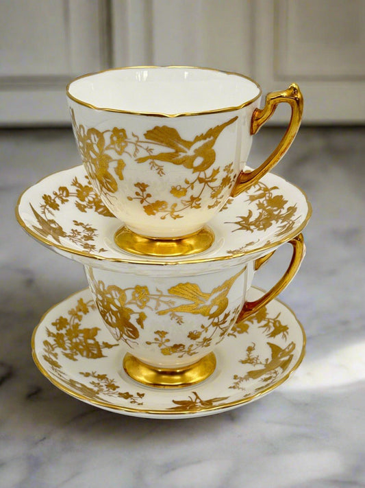 2 Cups & Saucers Coalport Birds Gold Scalloped Design ESTATE FIND