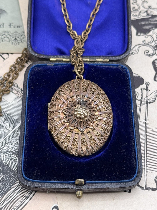 Antique STYLE Large Locket Filigree Floral Design Chain Copper Tone 22” Photos