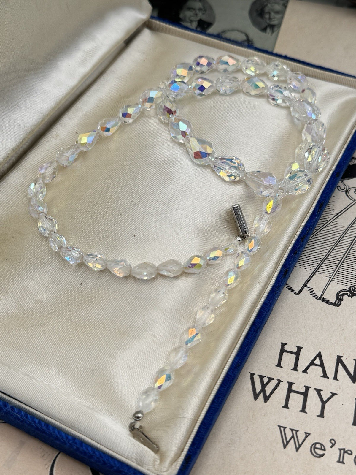 Clear AURORA BOREALIS Faceted Graduated Bead Necklace 25”l ESTATE FIND