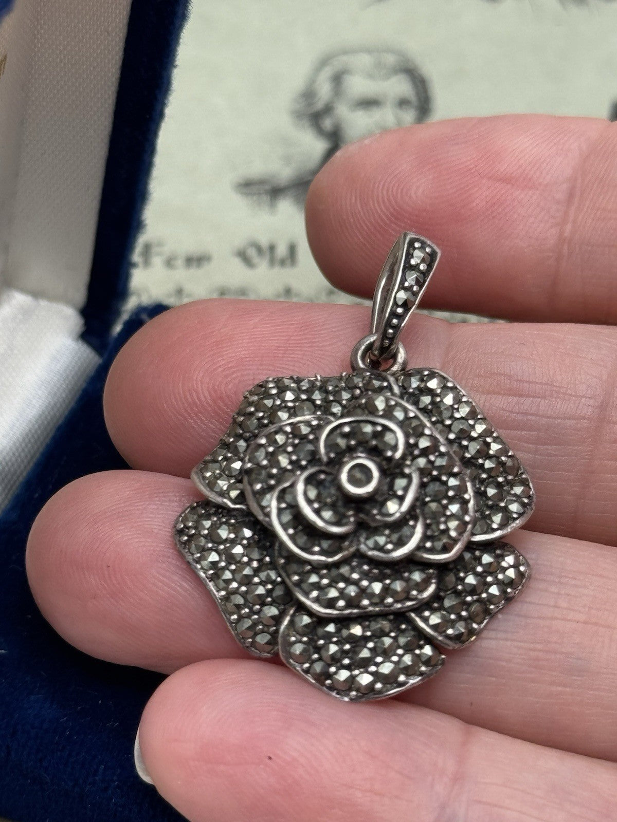 Vintage 925 STERLING SILVER Rose Marcasite Pendant  Clips On ESTATE FIND