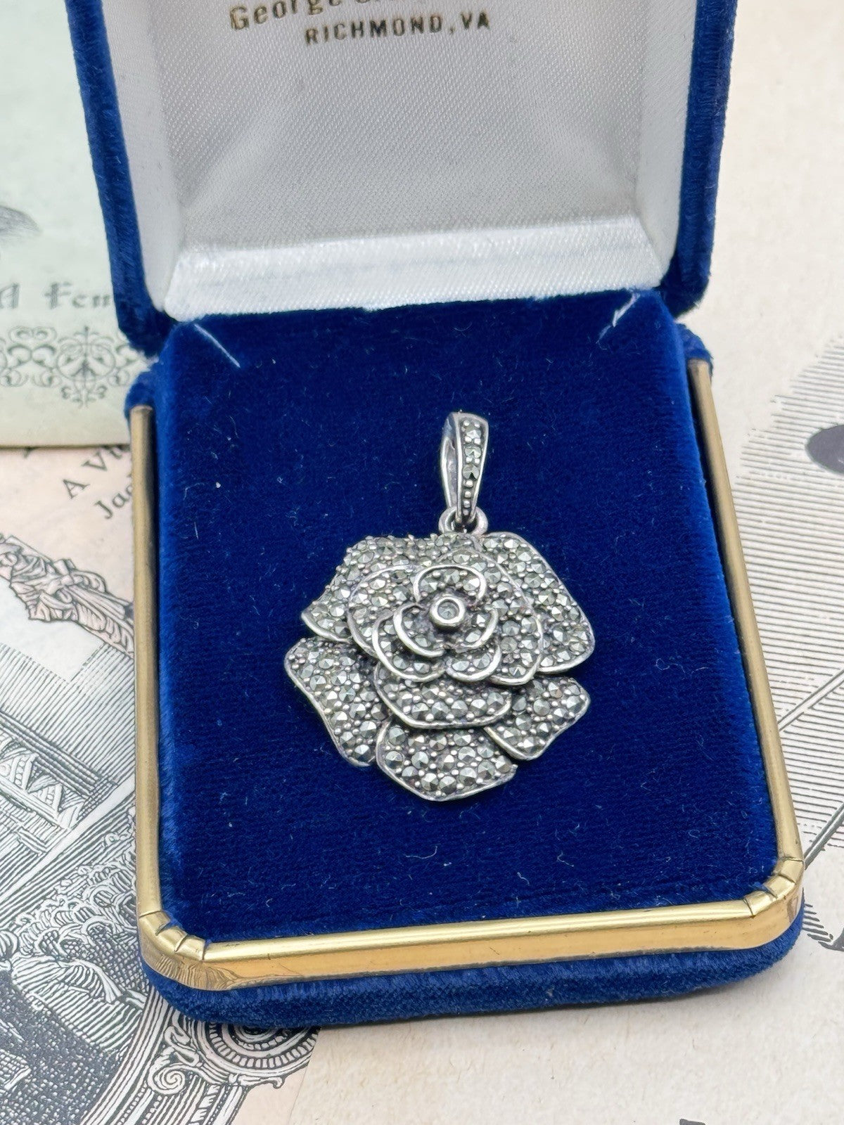 Vintage 925 STERLING SILVER Rose Marcasite Pendant  Clips On ESTATE FIND