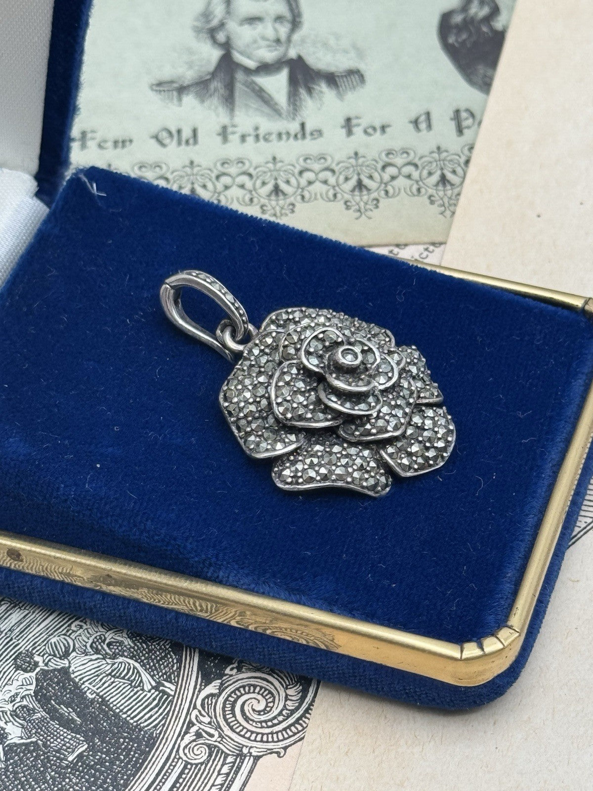 Vintage 925 STERLING SILVER Rose Marcasite Pendant  Clips On ESTATE FIND