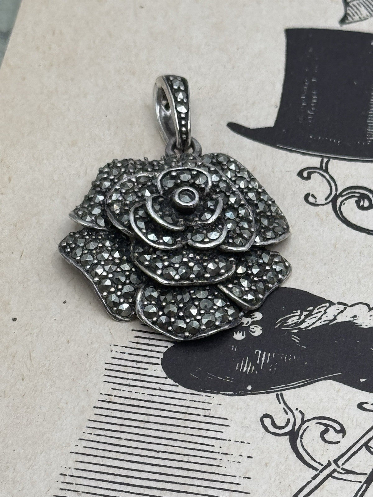 Vintage 925 STERLING SILVER Rose Marcasite Pendant  Clips On ESTATE FIND