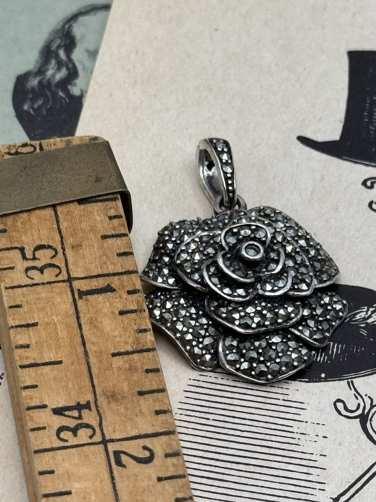 Vintage 925 STERLING SILVER Rose Marcasite Pendant  Clips On ESTATE FIND