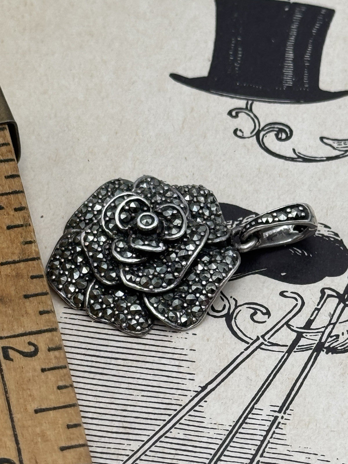 Vintage 925 STERLING SILVER Rose Marcasite Pendant  Clips On ESTATE FIND