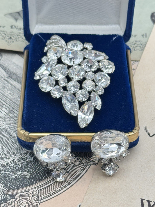 Vintage Rhinestone Demi Parure Set Clear Rhinestone Earrings & Brooch