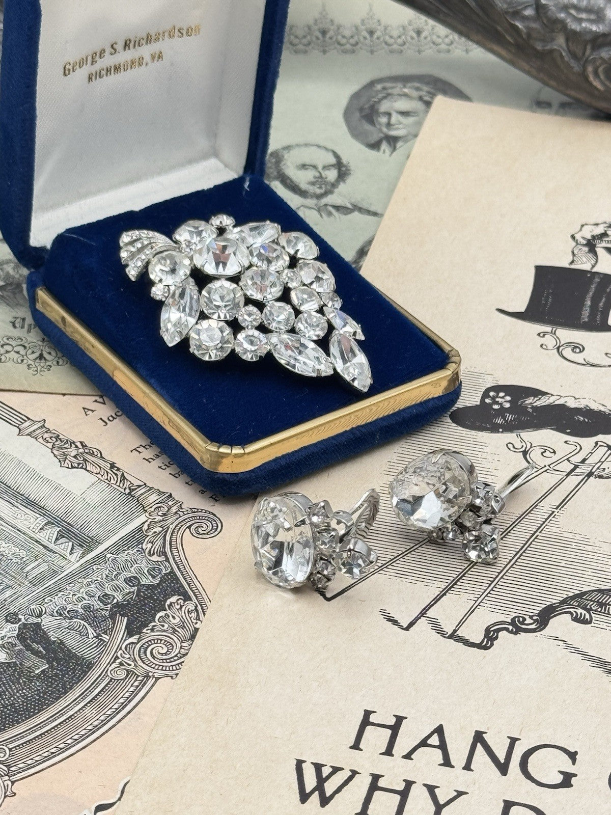Vintage Rhinestone Demi Parure Set Clear Rhinestone Earrings & Brooch