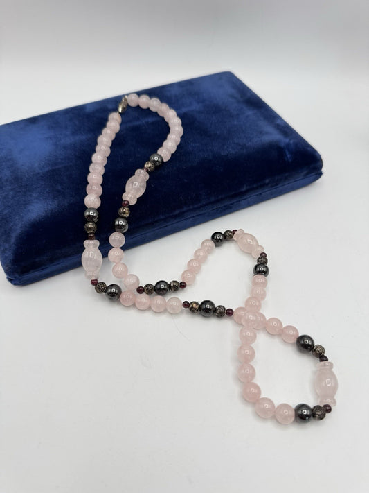 Vintage Rose Quartz Hematite & Garnet Accents Bead Necklace ESTATE FIND 25”
