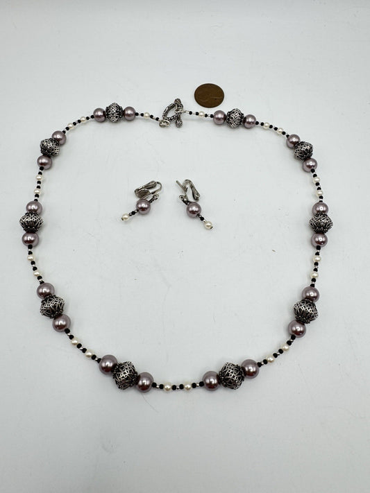 Vintage Beaded Necklace & Earring Set Modern Style Simulated Pearl ESTATE FIND