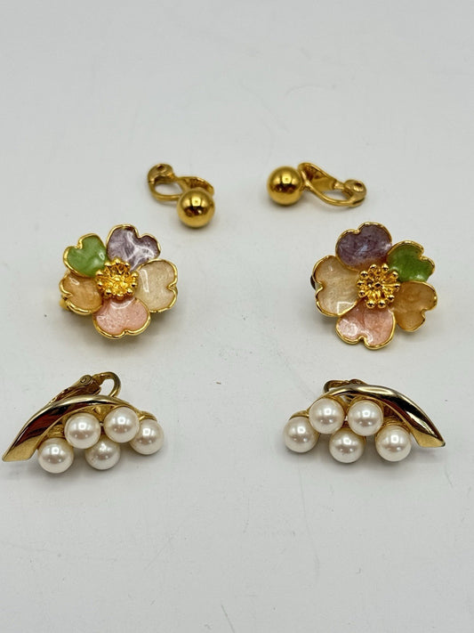 3 Pair VINTAGE Goldtone Clip-on Earrings ESTATE FIND