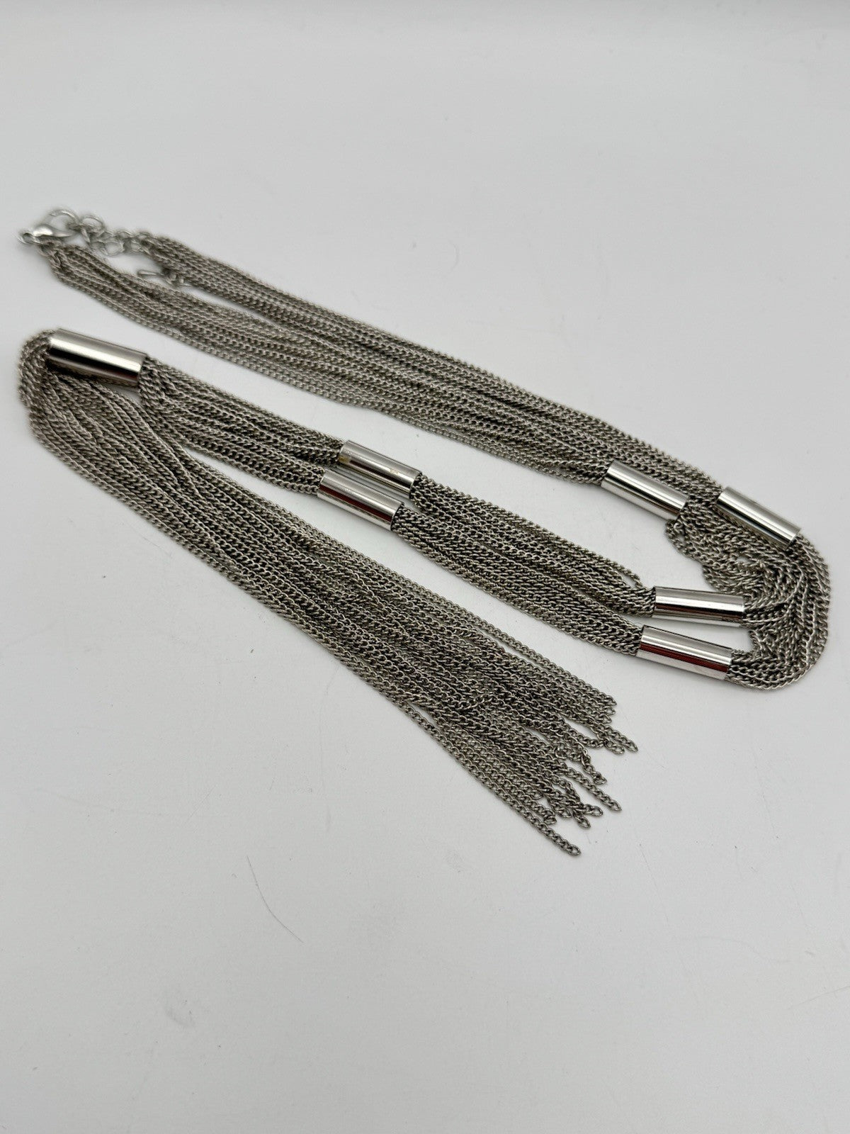 Silvertone Tassel Chain Necklace Circa 31” Inside ESTATE FIND