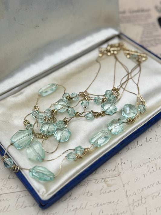 ESTATE FIND Blue Aqua Glass & Lucite 4 Strand Goldtone Necklace Ca. 21”