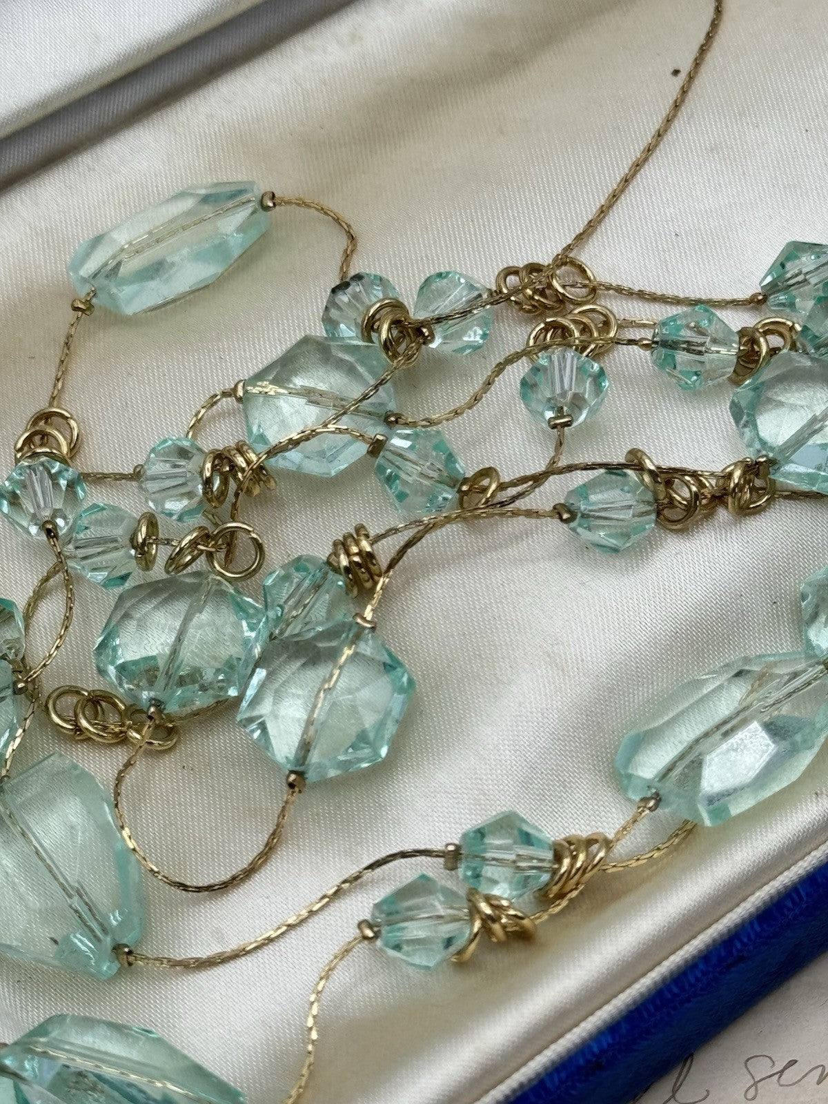 ESTATE FIND Blue Aqua Glass & Lucite 4 Strand Goldtone Necklace Ca. 21”