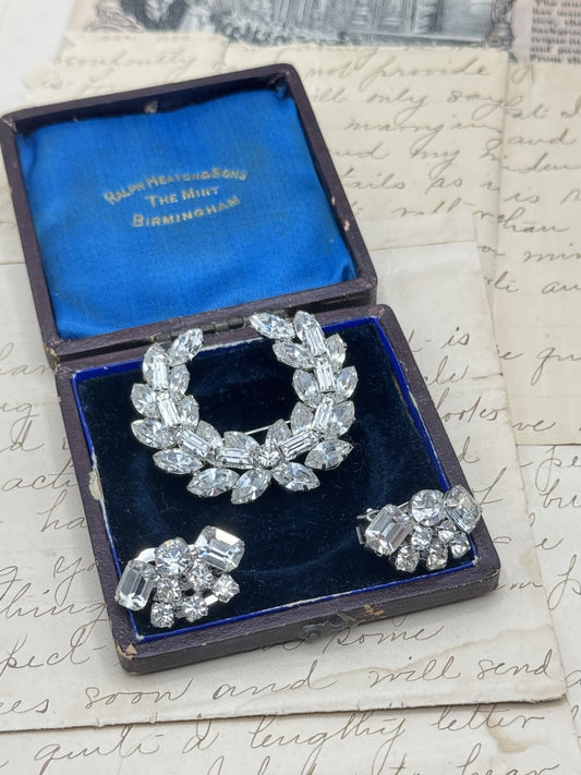 Vintage Laurel Wreath Brooch & Earrings Clear Rhinestone Brooch Made In Austria