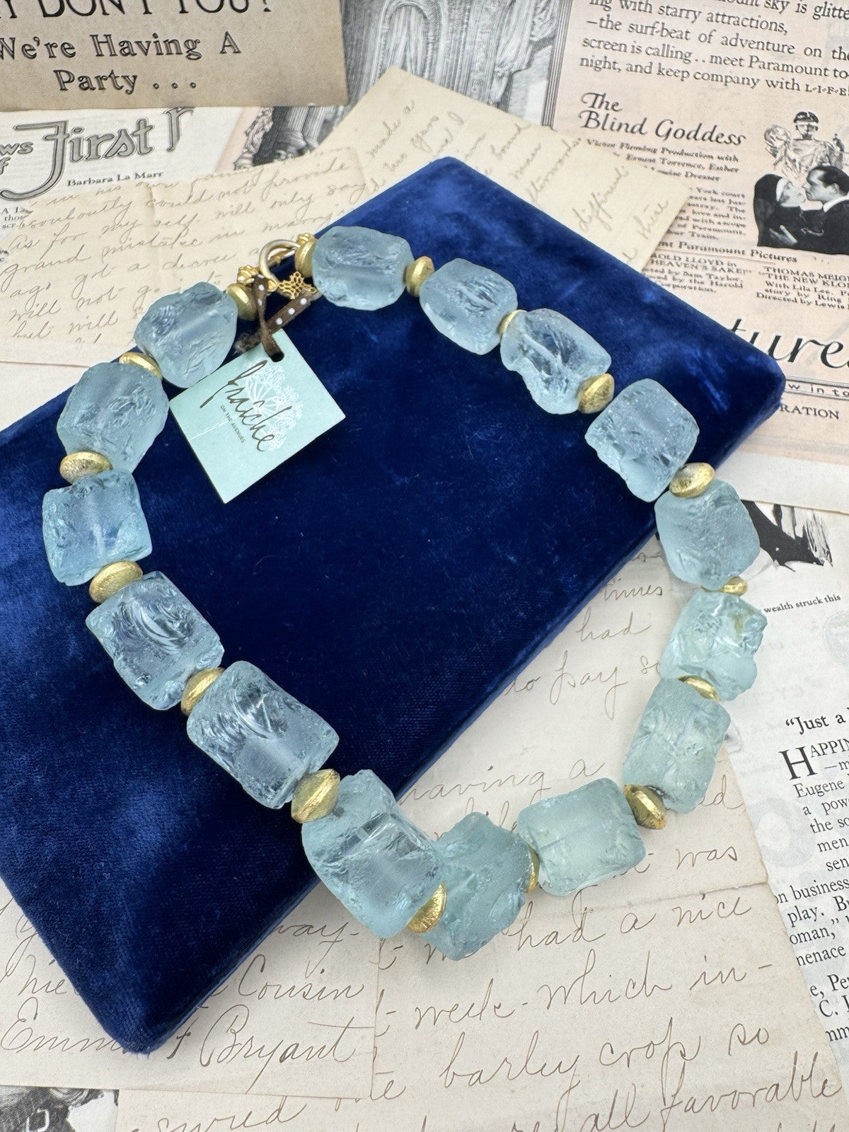 Estate Find AQUA Beach Glass Cube Necklace 16.5” with TAG Original Retail $176