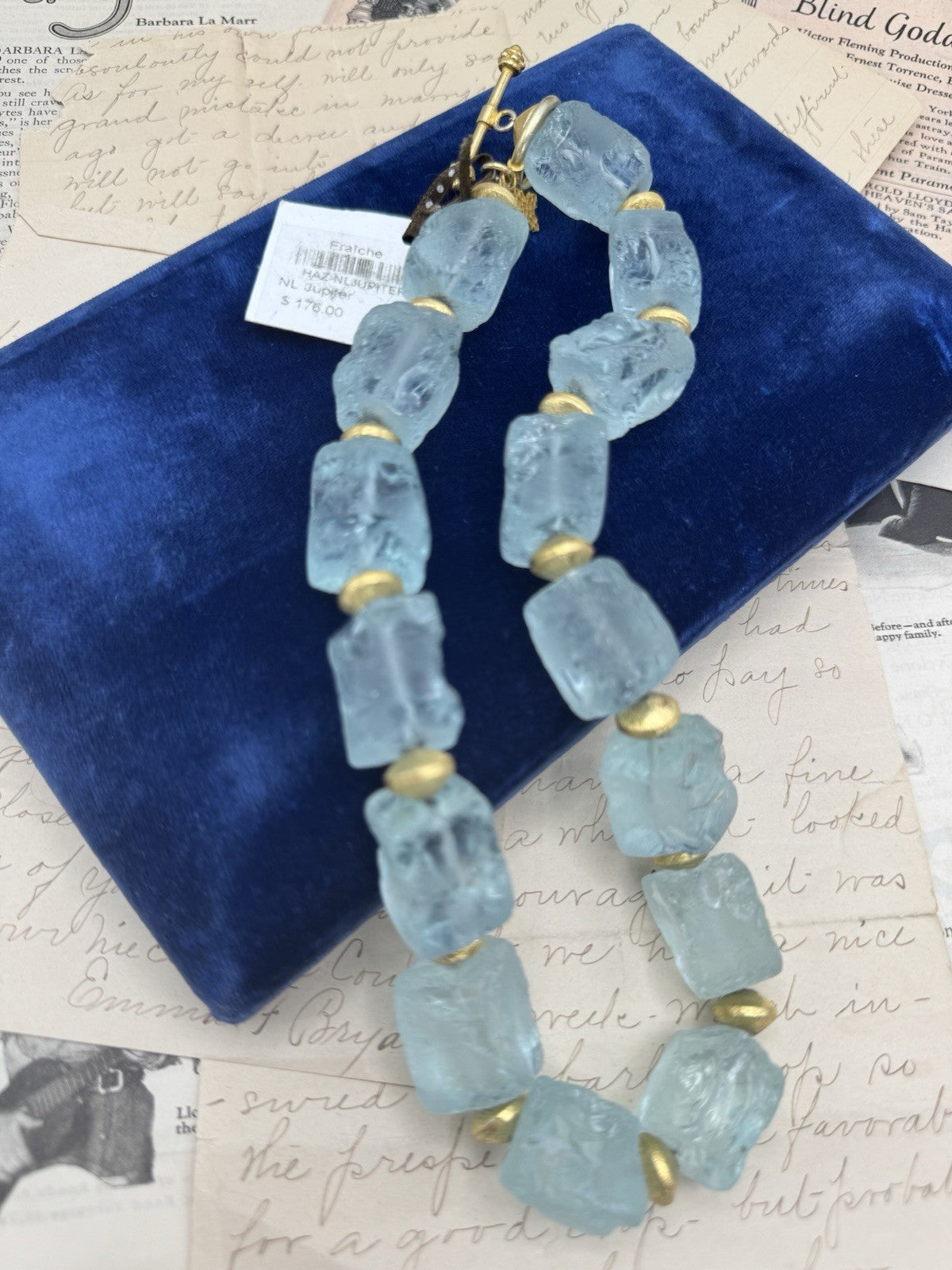 Estate Find AQUA Beach Glass Cube Necklace 16.5” with TAG Original Retail $176