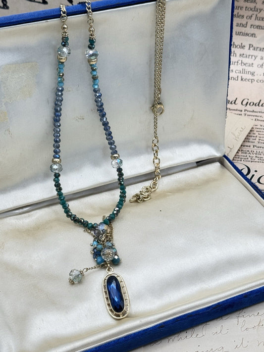 Estate Find Goldtone Necklace Iridescent Blue & Green Needs Pendant 35”