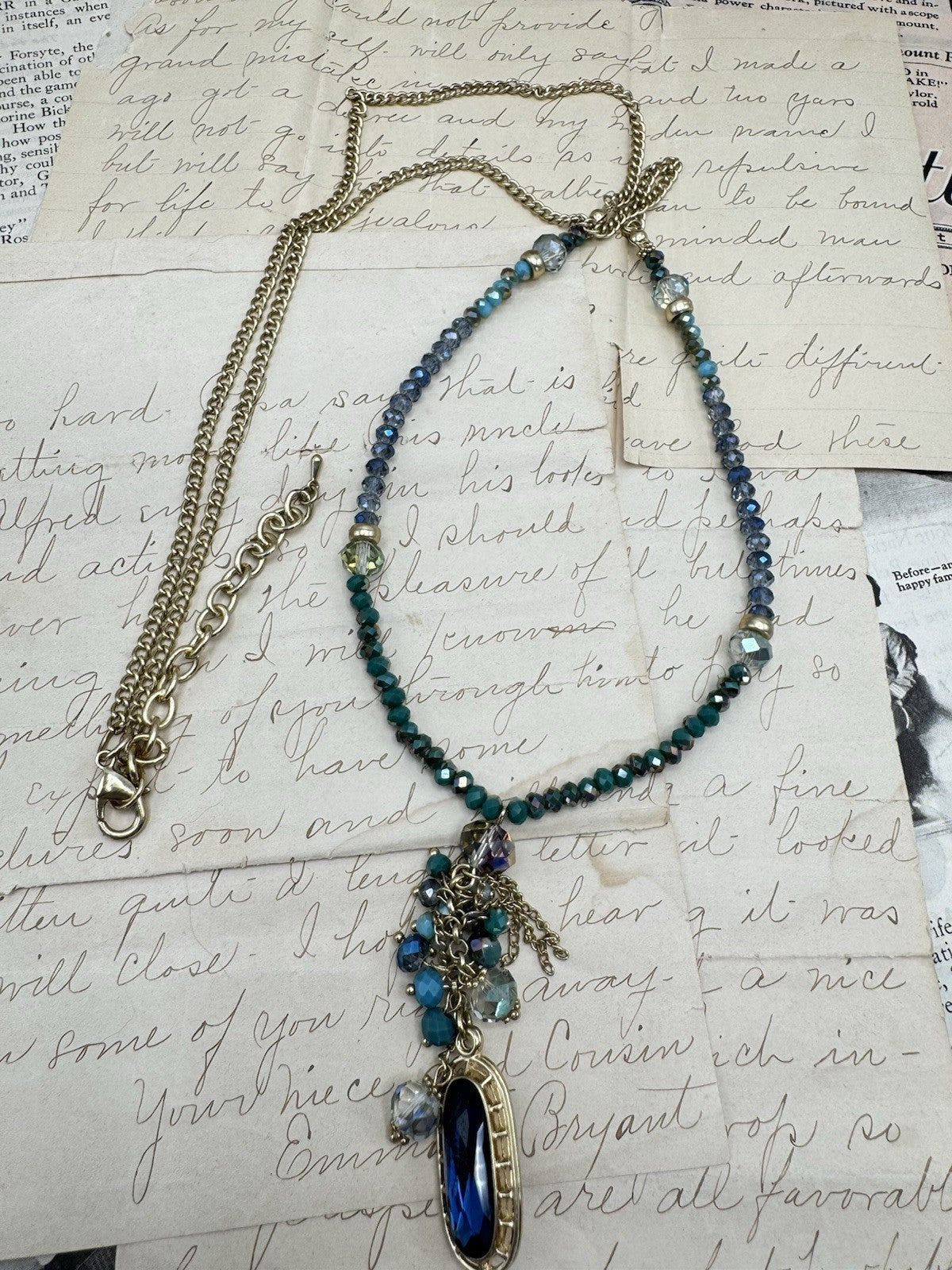 Estate Find Goldtone Necklace Iridescent Blue & Green Needs Pendant 35”