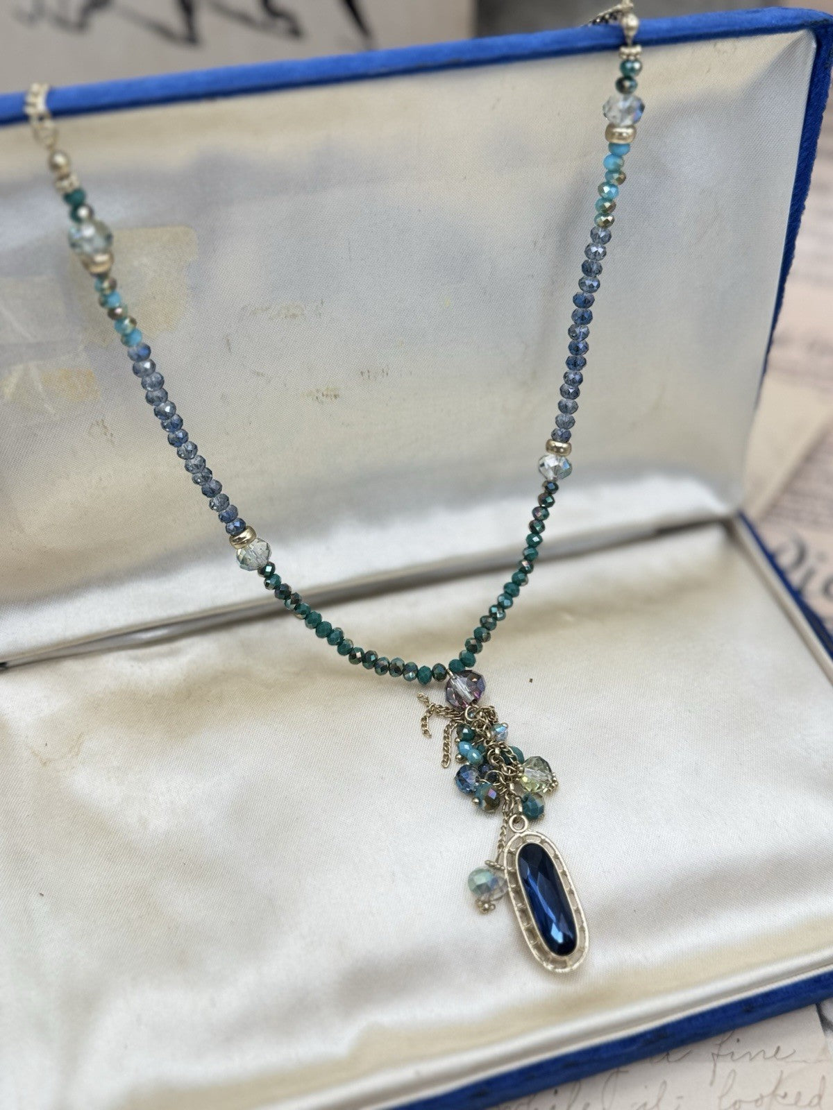 Estate Find Goldtone Necklace Iridescent Blue & Green Needs Pendant 35”