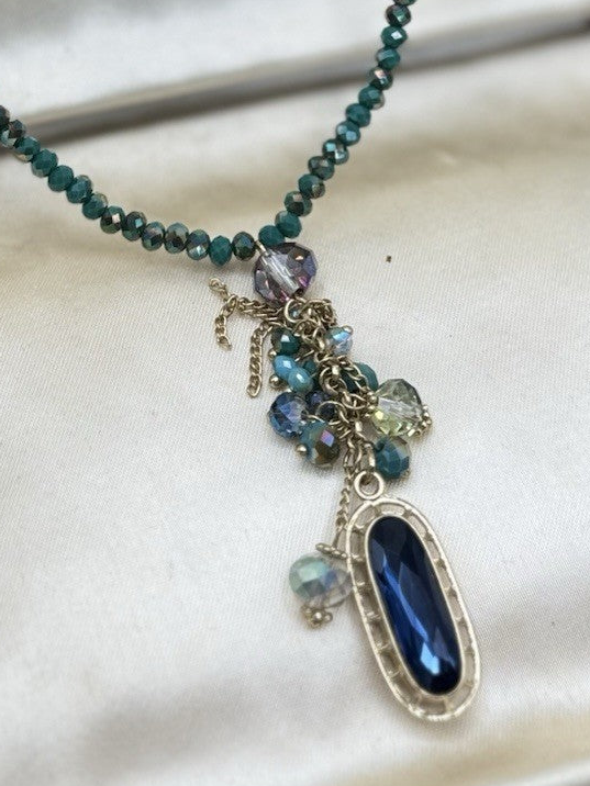 Estate Find Goldtone Necklace Iridescent Blue & Green Needs Pendant 35”
