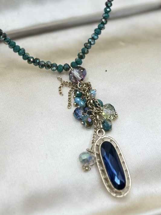 Estate Find Goldtone Necklace Iridescent Blue & Green Needs Pendant 35”