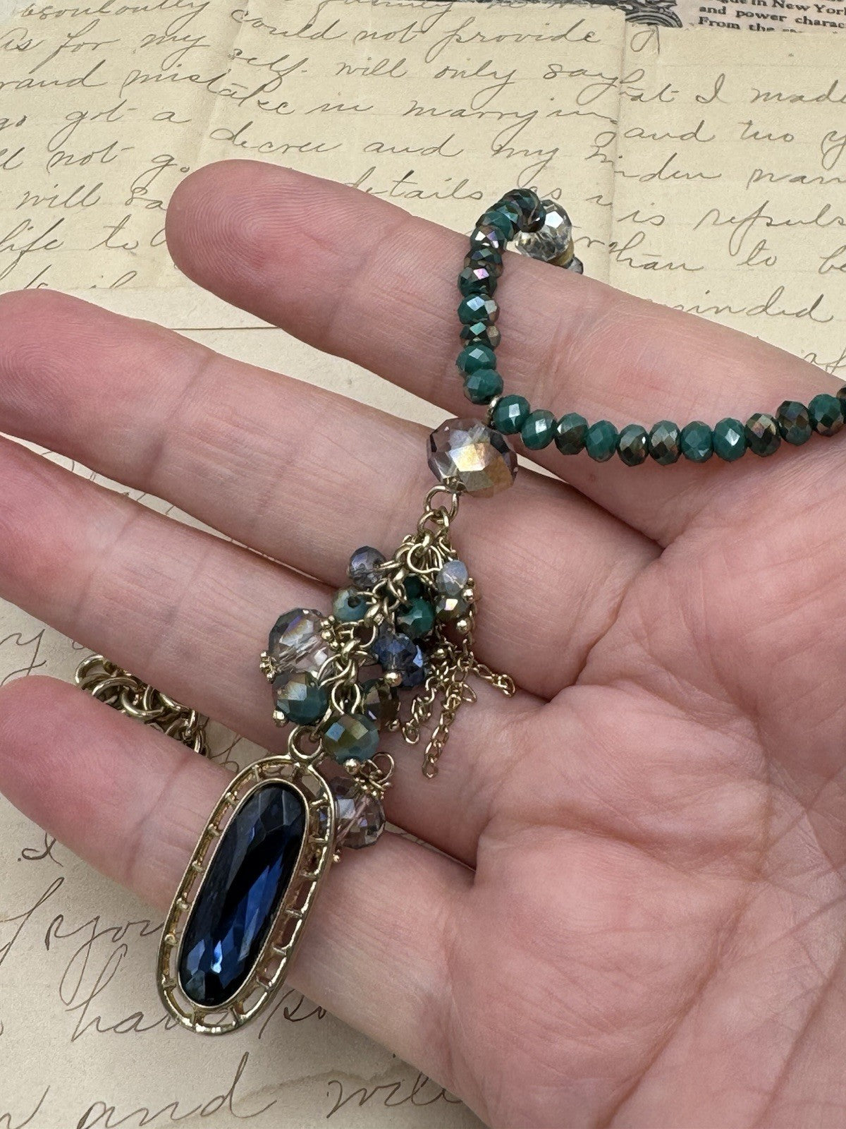 Estate Find Goldtone Necklace Iridescent Blue & Green Needs Pendant 35”