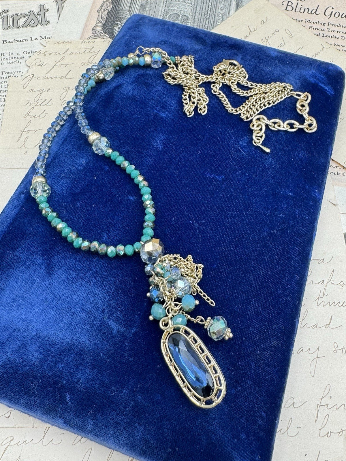 Estate Find Goldtone Necklace Iridescent Blue & Green Needs Pendant 35”