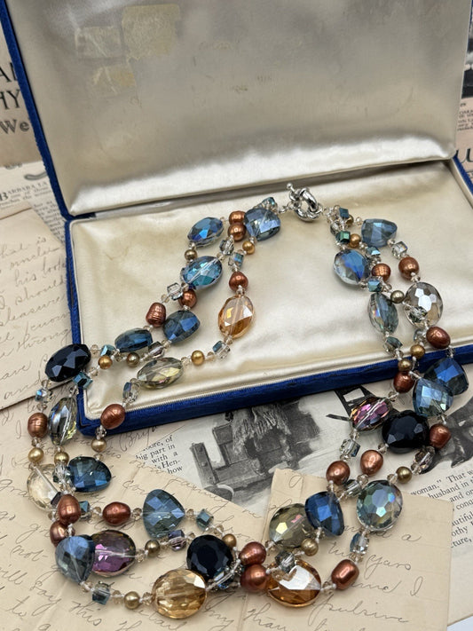 Estate Find 3 Strand Crystal Aurora Borealis Multicolor Stone Necklace 22”