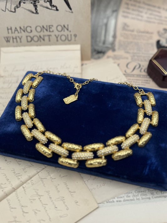 Chunky Karine Sultan Necklace Goldtone Rhinestone Accents ESTATE FIND 19”