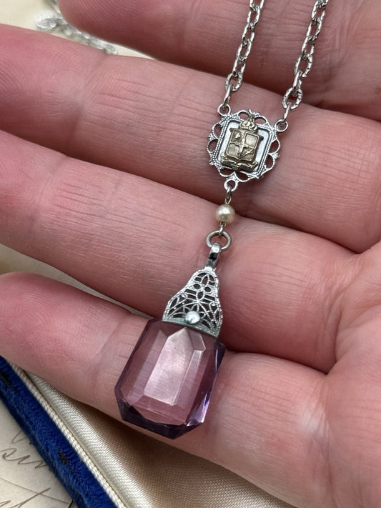 Purple Glass Art Deco Pendant With Silvertone Replacement Chain ESTATE FIND