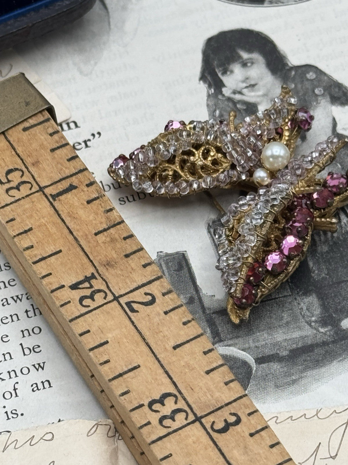 Vintage SIGNED Miriam Haskell Butterfly Brooch Pink Goldtone