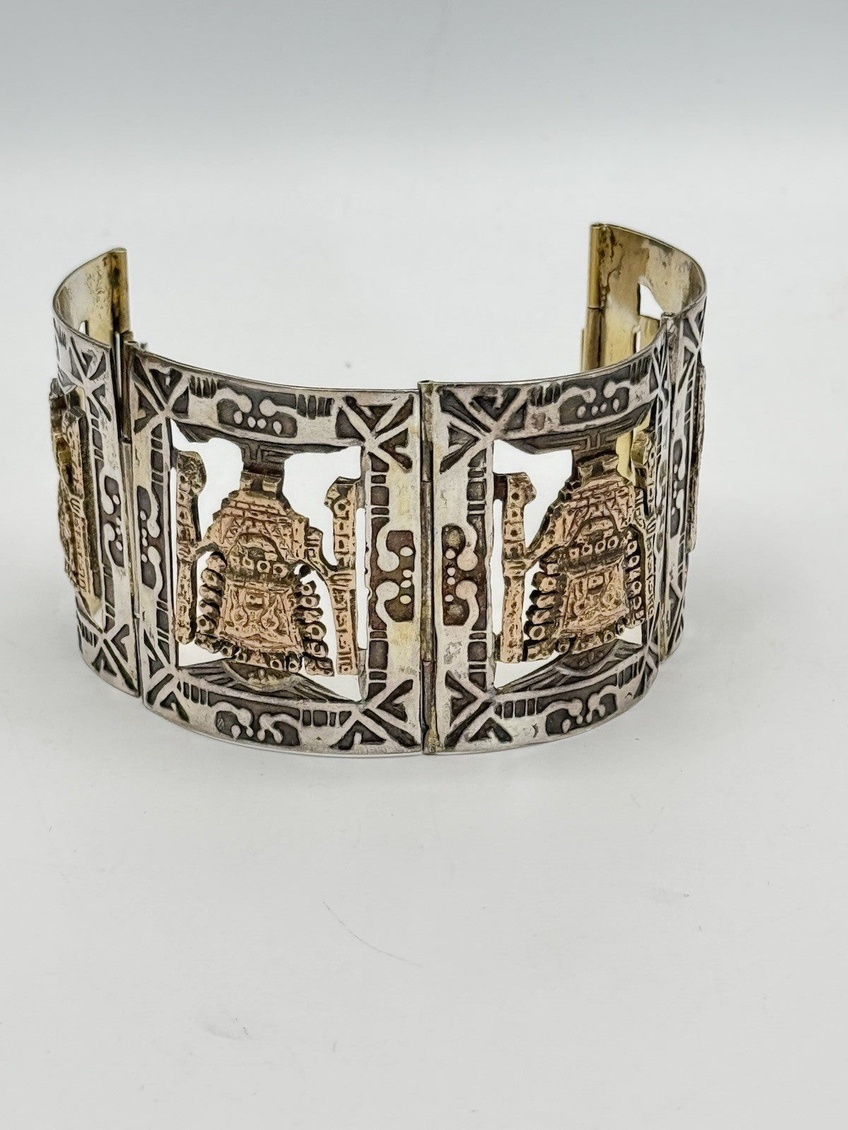 Vintage 825 Hallmarked AZTEC Panel Bracelet Gold Accents Tested 10k Circa 6.25”l