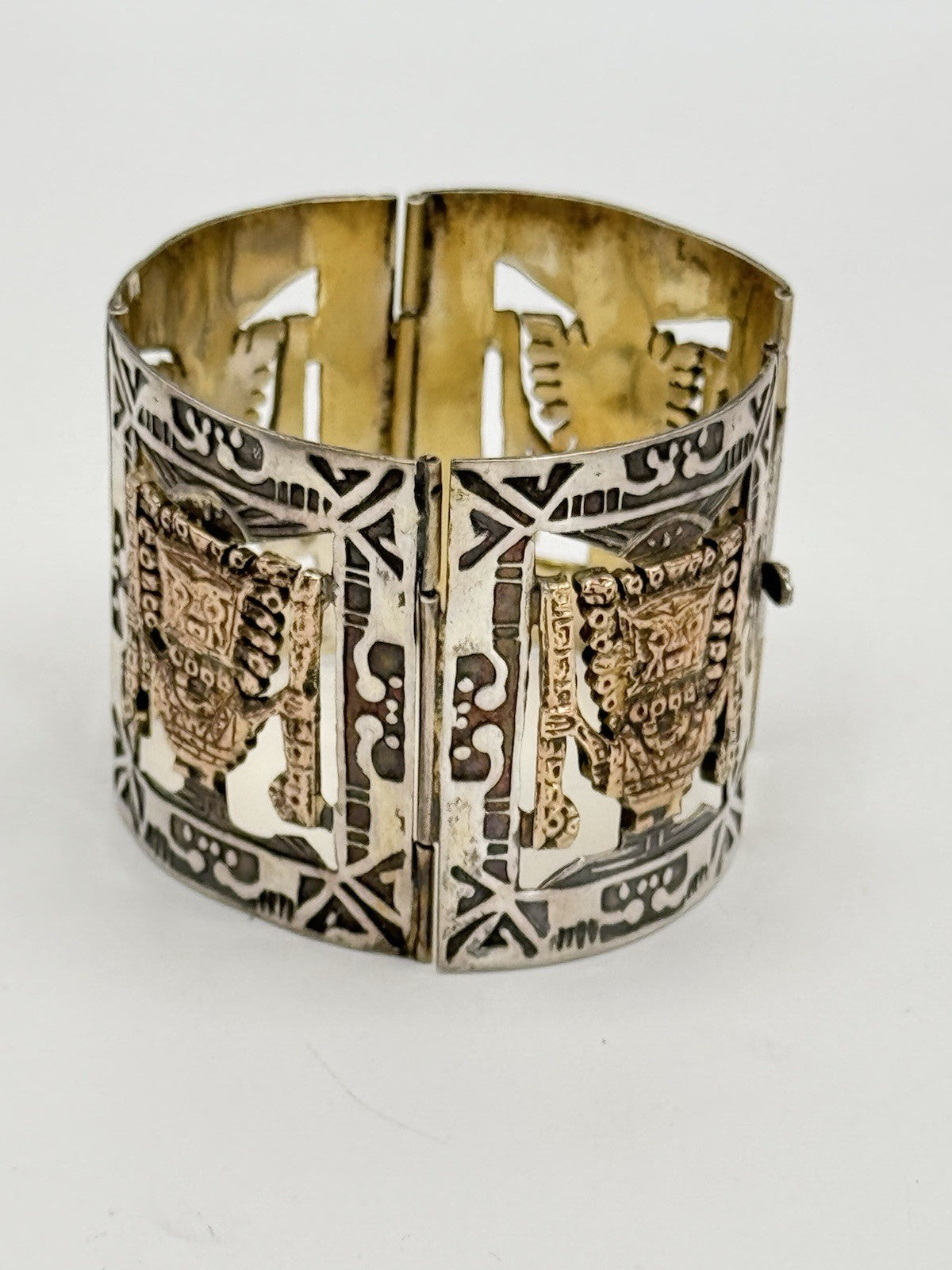 Vintage 825 Hallmarked AZTEC Panel Bracelet Gold Accents Tested 10k Circa 6.25”l